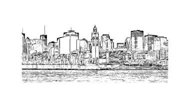 Montreal manzaralı Print Building Kanada 'da bir şehirdir. Vektörde elle çizilmiş çizim çizimi.