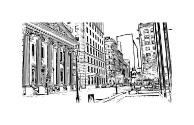 Montreal manzaralı Print Building Kanada 'da bir şehirdir. Vektörde elle çizilmiş çizim çizimi.