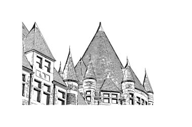 Montreal manzaralı Print Building Kanada 'da bir şehirdir. Vektörde elle çizilmiş çizim çizimi.
