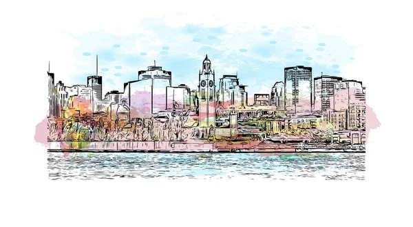 Imprimer Vue Édifice Avec Monument Montréal Est Ville Canada Aquarelle — Image vectorielle