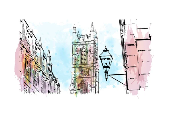 Montreal manzaralı Print Building Kanada 'da bir şehirdir. Vektörde elle çizilmiş resim ile suluboya sıçraması.