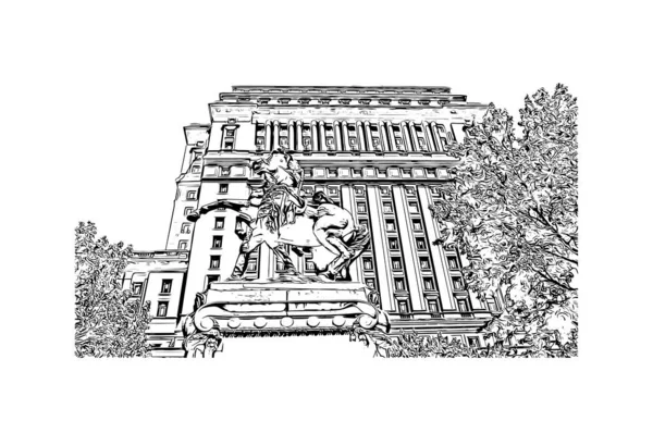 Montreal manzaralı Print Building Kanada 'da bir şehirdir. Vektörde elle çizilmiş çizim çizimi.