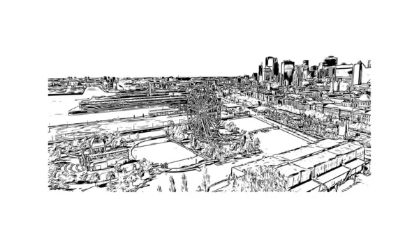 Print Building Vista Com Marco Montreal Cidade Canadá Desenho Desenhado — Vetor de Stock