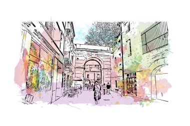 Montpellier 'in simgesi olan Print Building View Fransa' da yer almaktadır. Vektörde elle çizilmiş resim ile suluboya sıçraması.