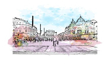 Montpellier 'in simgesi olan Print Building View Fransa' da yer almaktadır. Vektörde elle çizilmiş resim ile suluboya sıçraması.