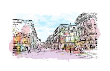 Montpellier 'in simgesi olan Print Building View Fransa' da yer almaktadır. Vektörde elle çizilmiş resim ile suluboya sıçraması.