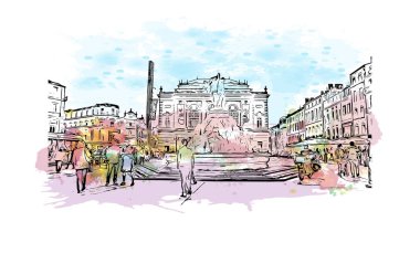 Montpellier 'in simgesi olan Print Building View Fransa' da yer almaktadır. Vektörde elle çizilmiş resim ile suluboya sıçraması.