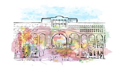 Montpellier 'in simgesi olan Print Building View Fransa' da yer almaktadır. Vektörde elle çizilmiş resim ile suluboya sıçraması.