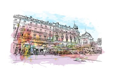 Montpellier 'in simgesi olan Print Building View Fransa' da yer almaktadır. Vektörde elle çizilmiş resim ile suluboya sıçraması.