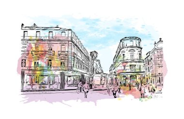 Montpellier 'in simgesi olan Print Building View Fransa' da yer almaktadır. Vektörde elle çizilmiş resim ile suluboya sıçraması.