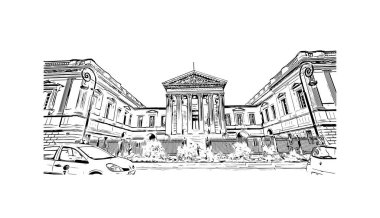 Montpellier 'in simgesi olan Print Building View Fransa' da yer almaktadır. Vektörde elle çizilmiş çizim çizimi.