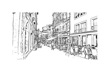 Montpellier 'in simgesi olan Print Building View Fransa' da yer almaktadır. Vektörde elle çizilmiş çizim çizimi.