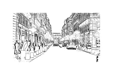 Montpellier 'in simgesi olan Print Building View Fransa' da yer almaktadır. Vektörde elle çizilmiş çizim çizimi.