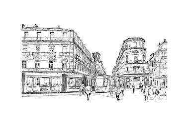 Montpellier 'in simgesi olan Print Building View Fransa' da yer almaktadır. Vektörde elle çizilmiş çizim çizimi.