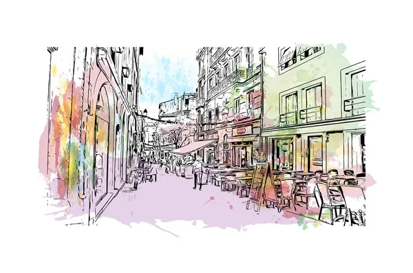 몽펠리에의 랜드마크가 프랑스의 도시이다 벡터에 손으로 스케치 수채화 물보라 — 스톡 벡터
