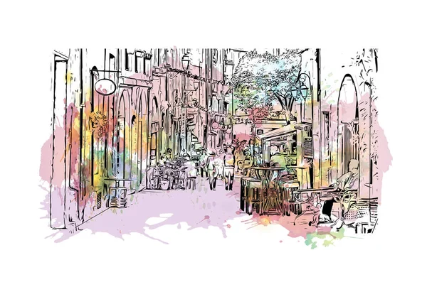 Montpellier 'in simgesi olan Print Building View Fransa' da yer almaktadır. Vektörde elle çizilmiş resim ile suluboya sıçraması.