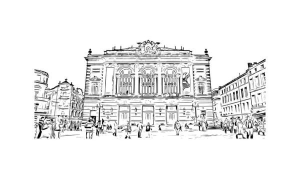 Imprimir Vista Del Edificio Con Hito Montpellier Ciudad Francia Dibujo — Vector de stock