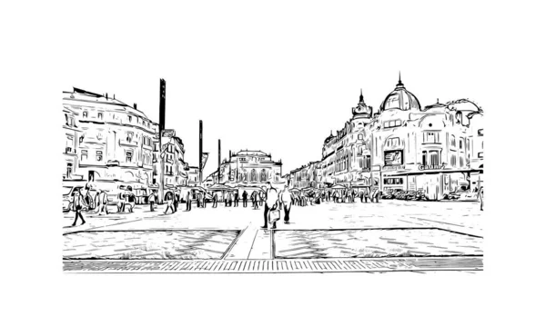 Print Building View Landmark Montpellier Staden Frankrike Handritad Skiss Illustration — Stock vektor