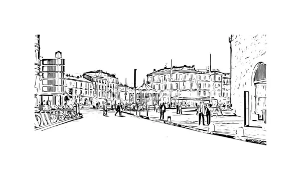 带有蒙彼利埃地标的印刷建筑景观是法国的一个城市 矢量手绘草图 — 图库矢量图片