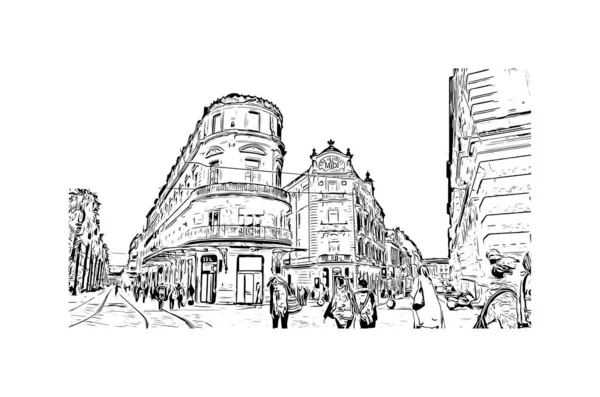 Montpellier 'in simgesi olan Print Building View Fransa' da yer almaktadır. Vektörde elle çizilmiş çizim çizimi.