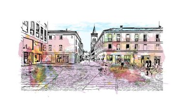 Monza 'nın simgesi olan Print Building Manzarası İtalya' daki bir şehirdir. Vektörde elle çizilmiş resim ile suluboya sıçraması.