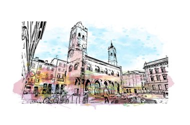 Monza 'nın simgesi olan Print Building Manzarası İtalya' daki bir şehirdir. Vektörde elle çizilmiş resim ile suluboya sıçraması.