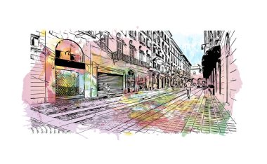 Monza 'nın simgesi olan Print Building Manzarası İtalya' daki bir şehirdir. Vektörde elle çizilmiş resim ile suluboya sıçraması.