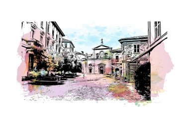 Monza 'nın simgesi olan Print Building Manzarası İtalya' daki bir şehirdir. Vektörde elle çizilmiş resim ile suluboya sıçraması.