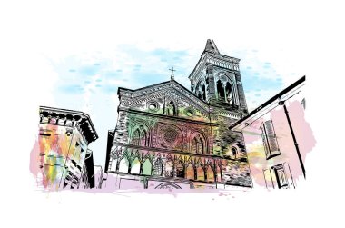 Monza 'nın simgesi olan Print Building Manzarası İtalya' daki bir şehirdir. Vektörde elle çizilmiş resim ile suluboya sıçraması.