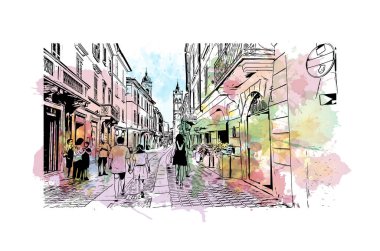 Monza 'nın simgesi olan Print Building Manzarası İtalya' daki bir şehirdir. Vektörde elle çizilmiş resim ile suluboya sıçraması.