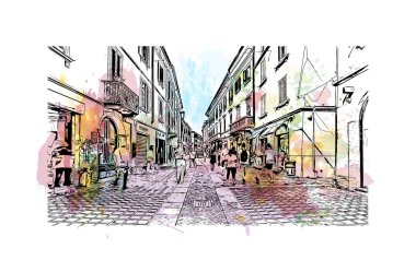 Monza 'nın simgesi olan Print Building Manzarası İtalya' daki bir şehirdir. Vektörde elle çizilmiş resim ile suluboya sıçraması.