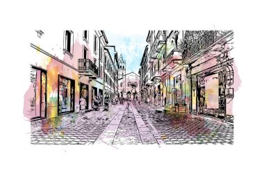 Monza 'nın simgesi olan Print Building Manzarası İtalya' daki bir şehirdir. Vektörde elle çizilmiş resim ile suluboya sıçraması.