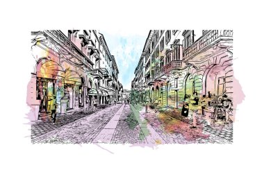 Monza 'nın simgesi olan Print Building Manzarası İtalya' daki bir şehirdir. Vektörde elle çizilmiş resim ile suluboya sıçraması.