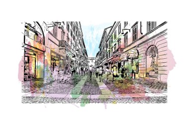 Monza 'nın simgesi olan Print Building Manzarası İtalya' daki bir şehirdir. Vektörde elle çizilmiş resim ile suluboya sıçraması.