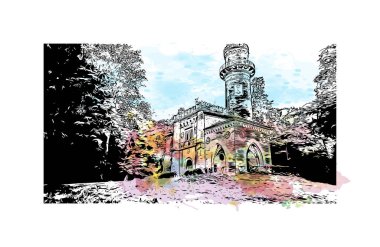 Monza 'nın simgesi olan Print Building Manzarası İtalya' daki bir şehirdir. Vektörde elle çizilmiş resim ile suluboya sıçraması.