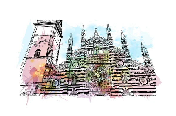 Print Building View Landmark Monza Staden Italien Akvarell Stänk Med — Stock vektor