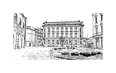Monza 'nın simgesi olan Print Building Manzarası İtalya' daki bir şehirdir. Vektörde elle çizilmiş çizim çizimi.