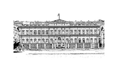 Monza 'nın simgesi olan Print Building Manzarası İtalya' daki bir şehirdir. Vektörde elle çizilmiş çizim çizimi.