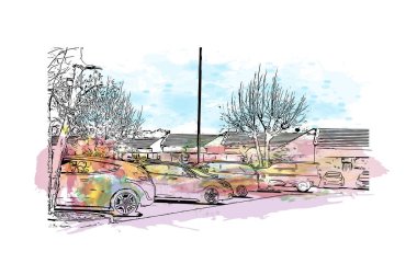 Moreno Vadisi manzaralı Print Building, Kaliforniya 'da bir şehirdir. Vektörde elle çizilmiş resim ile suluboya sıçraması.