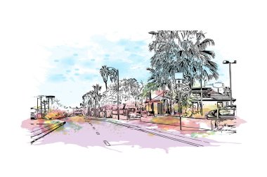 Moreno Vadisi manzaralı Print Building, Kaliforniya 'da bir şehirdir. Vektörde elle çizilmiş resim ile suluboya sıçraması.