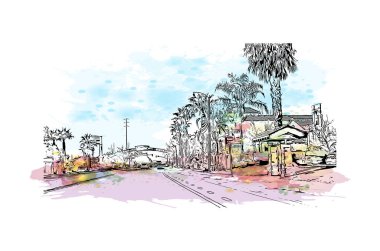 Moreno Vadisi manzaralı Print Building, Kaliforniya 'da bir şehirdir. Vektörde elle çizilmiş resim ile suluboya sıçraması.