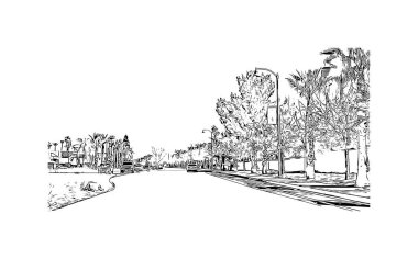 Moreno Vadisi manzaralı Print Building, Kaliforniya 'da bir şehirdir. Vektörde elle çizilmiş çizim çizimi.