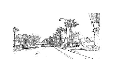 Moreno Vadisi manzaralı Print Building, Kaliforniya 'da bir şehirdir. Vektörde elle çizilmiş çizim çizimi.