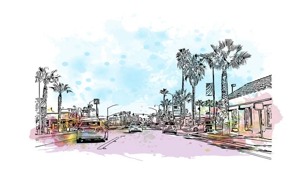 Print Building View Landmark Moreno Valley Staden Kalifornien Akvarell Stänk — Stock vektor