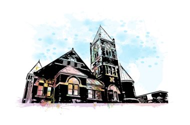 Print Building view with landmark of Morro Bay, Kaliforniya 'da bir sahil kentidir. Vektörde elle çizilmiş çizim çizimi.