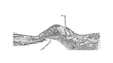 Print Building view with landmark of Morro Bay, Kaliforniya 'da bir sahil kentidir. Vektörde elle çizilmiş çizim çizimi.