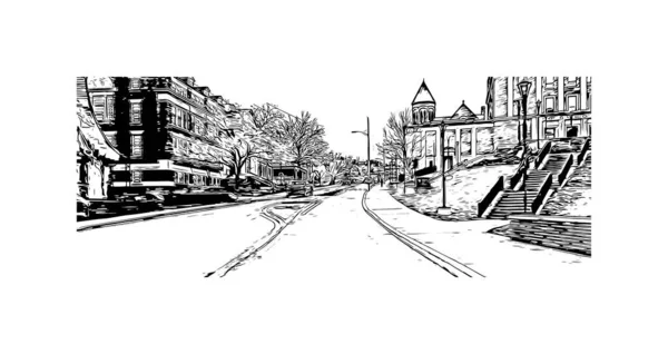 具有莫根城地标的印刷建筑景观是西弗吉尼亚的一个城市 矢量手绘草图 — 图库矢量图片