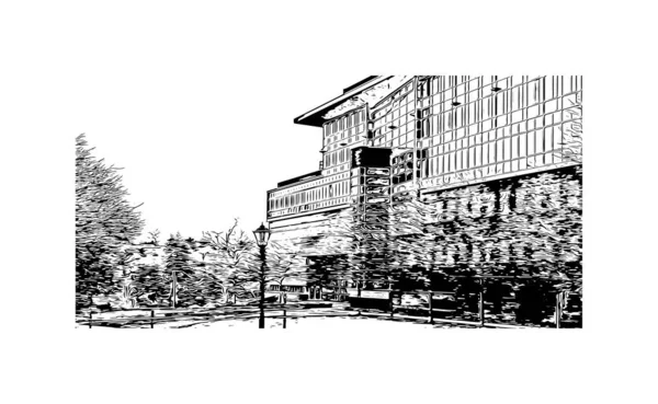 印刷モーガンタウンのランドマークとビルディングビューは ウェストバージニア州の都市です 手描きのスケッチ図ベクトル — ストックベクタ