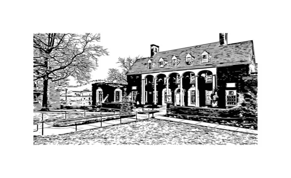 印刷モーガンタウンのランドマークとビルディングビューは ウェストバージニア州の都市です 手描きのスケッチ図ベクトル — ストックベクタ