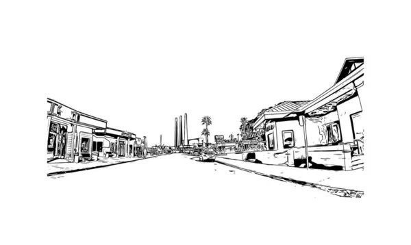 Drukuj Widok Budynku Znakiem Rozpoznawczym Morro Bay Nadmorskie Miasto Kalifornii — Wektor stockowy